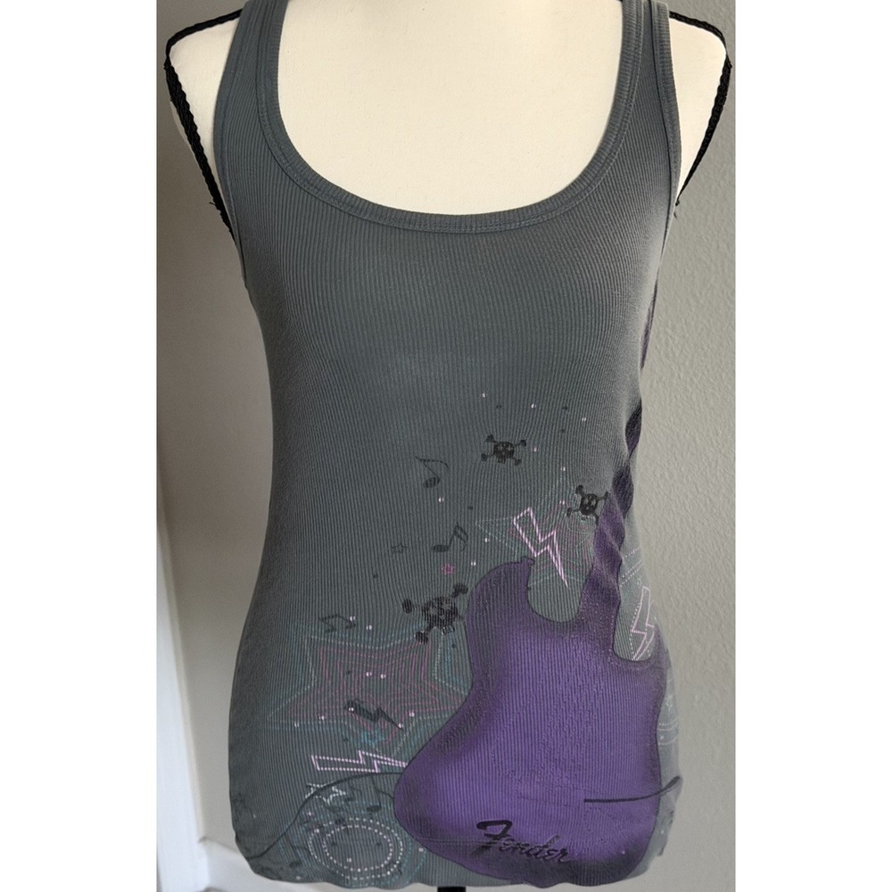 Fender Guitar Tank Top Womens M Gray Purple Ribbed Y2K Grunge‎